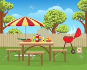 Summer backyard fun bbq or grilling barbecue party cartoon vector illustration. Home garden patio picnic lifestyle